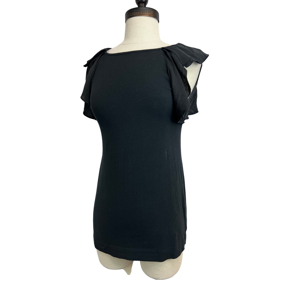 Theory Ruffle Sleeve Top Womens P Black Excellent Silk Trim Scoop Neck Knit